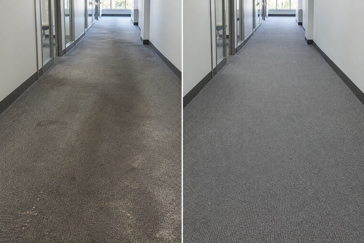 Avant et après illustratif d’un tapis commercial sale puis nettoyé professionnellement
