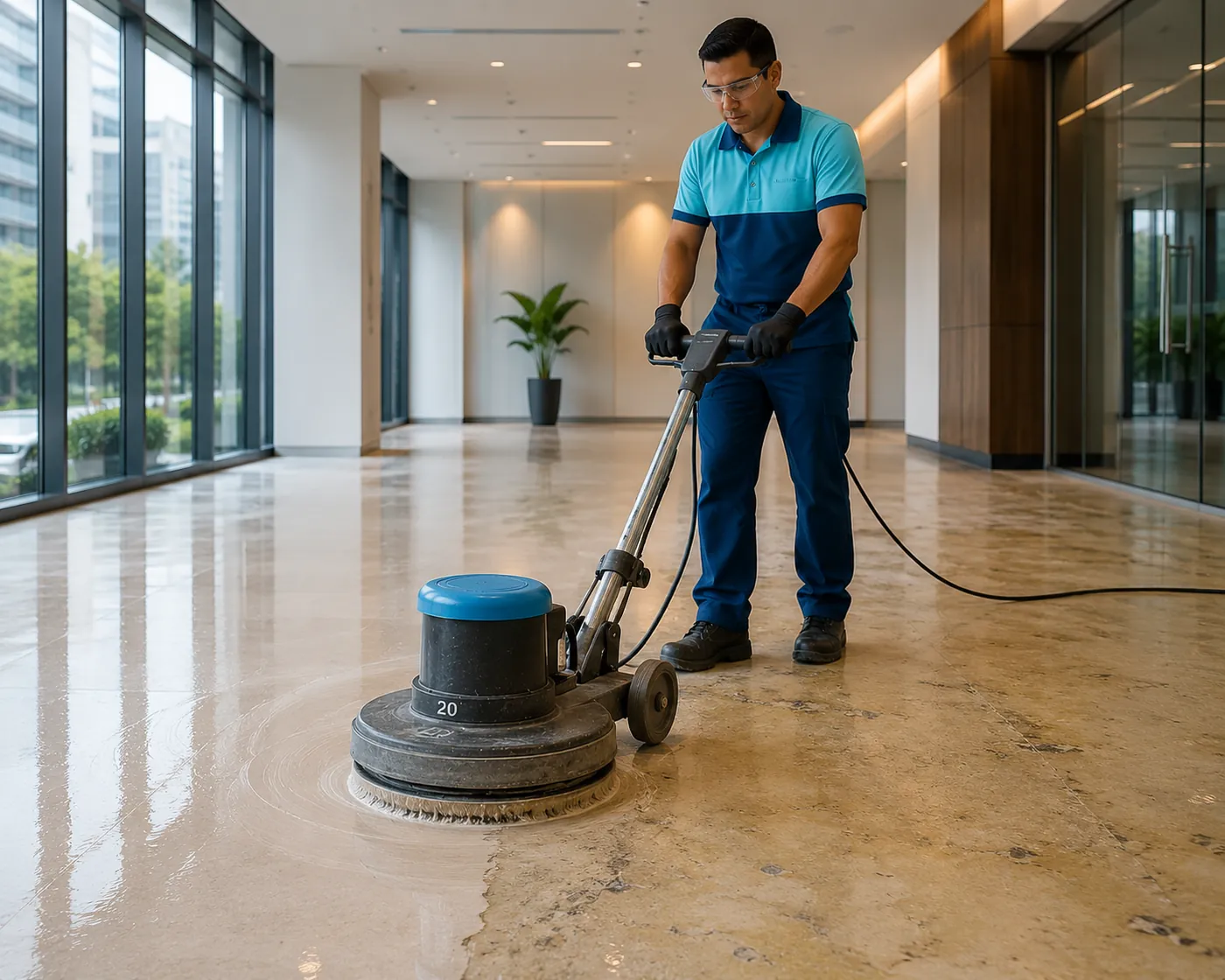 Technicien effectuant le décapage d’un plancher commercial en VCT